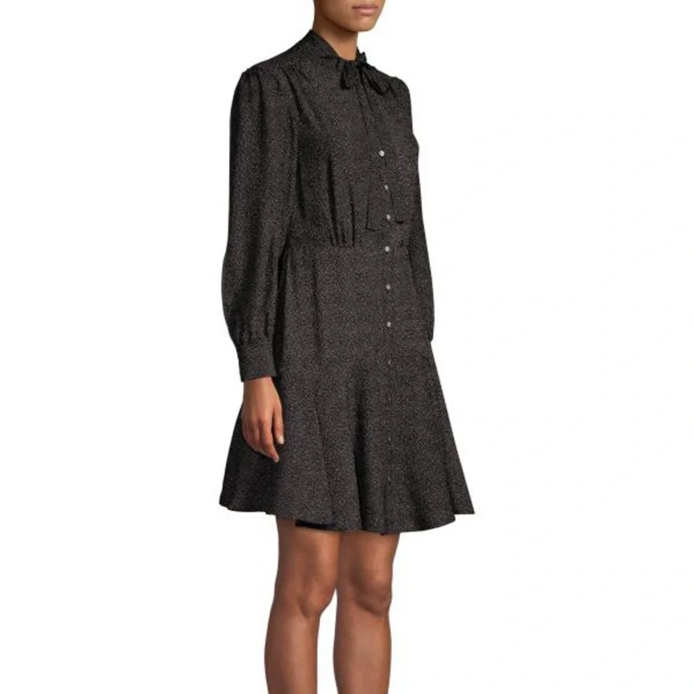 REBECCA TAYLOR Tie-Neck Button-Front Long-Sleeve Sprinkle-Dot Silk Dress - Picture 4 of 10